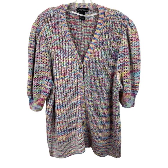 Design 365 Short Sleeve Puff Button Chunky Cardigan Crochet Rainbow Womens 3X - Picture 1 of 9